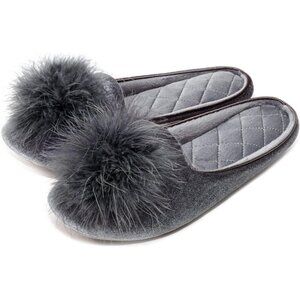 Women's Velvet Pom Pom Gray Memory Foam Knit Non Slip Sole Slippers Shoes